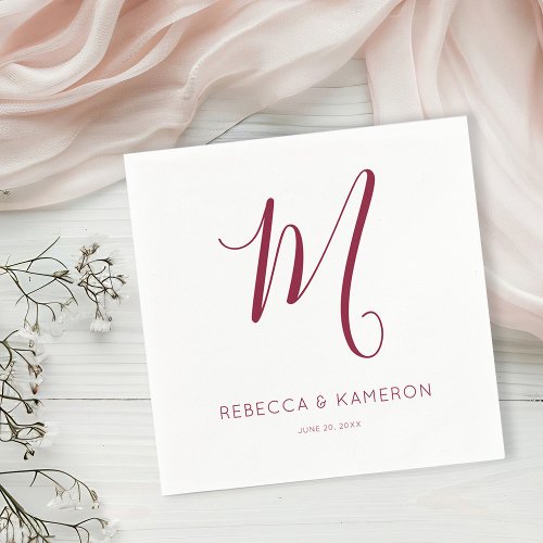 Burgundy  White Simple Elegant Monogram Wedding Napkins