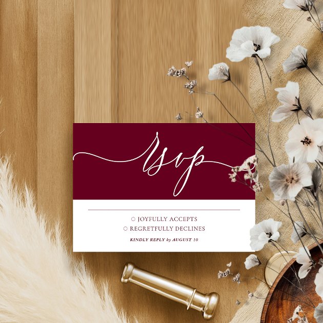 Burgundy White Simple Minimalist Modern Wedding RSVP Card