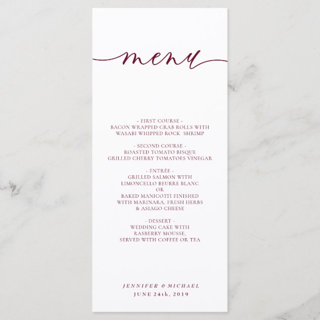 Burgundy White Simple Script Wedding Dinner Menu (Front)