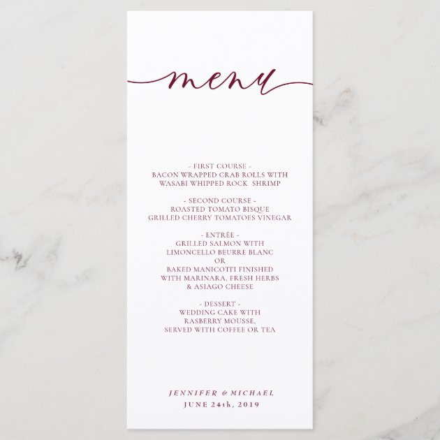 Burgundy White Simple Script Wedding Dinner Menu