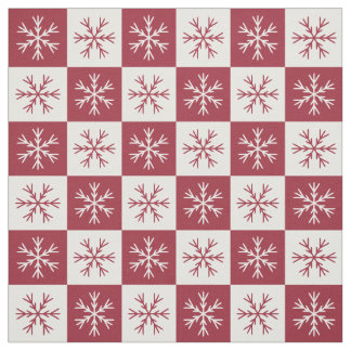 Burgundy White Snowflake Checkered Pattern Fabric