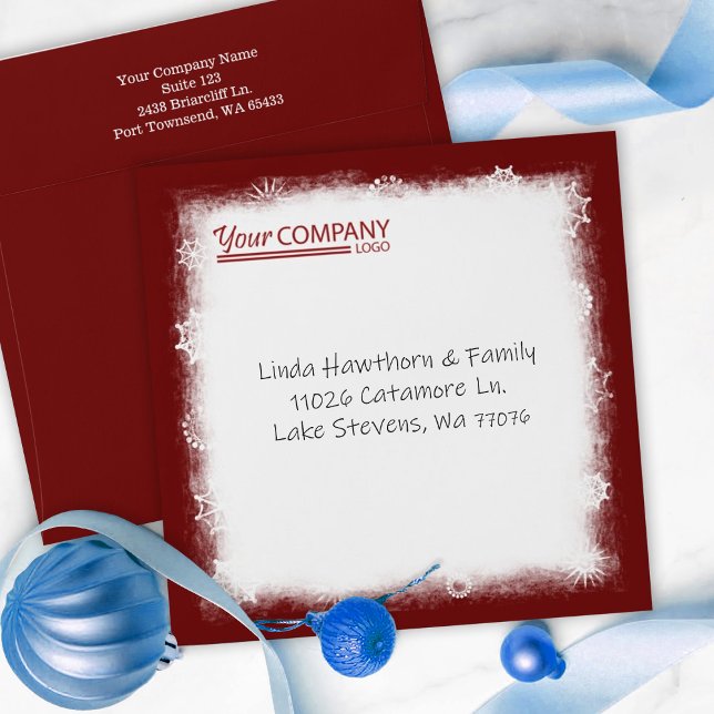 Burgundy White Snowflakes Company Logo Addressed Envelope (dark red burgundy maroon square envelope w/ logo, company holiday Christmas cards, white snowflakes)
