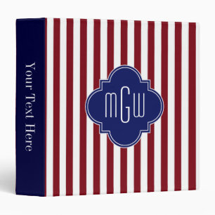 Burgundy White Stripe Navy Quatrefoil 3 Monogram Ring Binder
