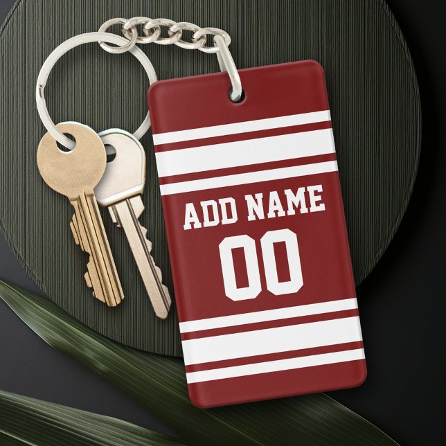 Burgundy White Team Jersey Custom Name and Number Keychain (Personalized Keychain - add a monogram or name)