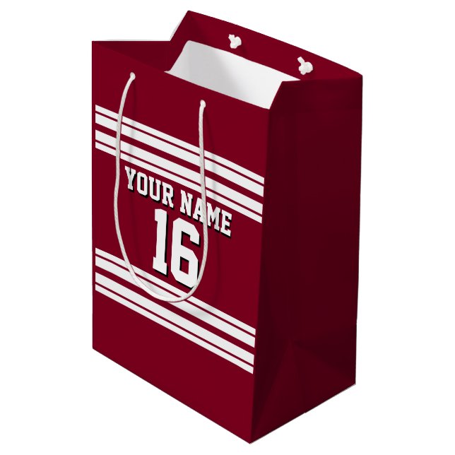 Burgundy White Team Jersey Custom Number Name Medium Gift Bag (Back Angled)