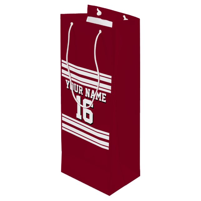 Burgundy White Team Jersey Custom Number Name Wine Gift Bag (Back Angled)