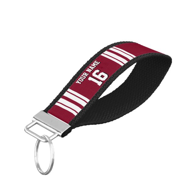 Burgundy White Team Jersey Custom Number Name Wrist Keychain (Angled Down)