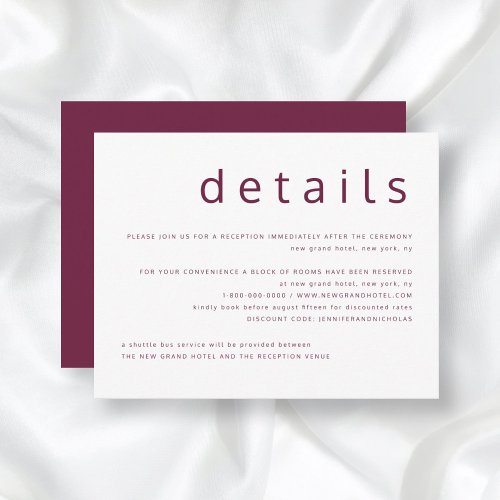 Burgundy White Typography Wedding Details Enclosure Card