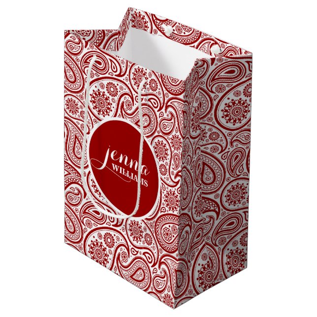 Burgundy & White Vintage paisley Damasks Medium Gift Bag (Front Angled)