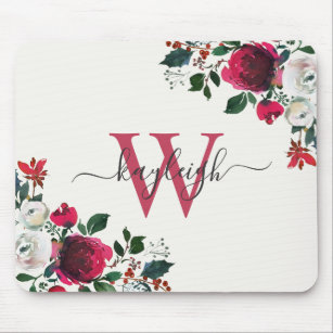Burgundy White Watercolor Floral Name Monogrammed Mouse Pad
