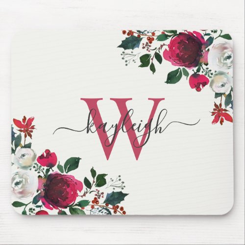 Burgundy White Watercolor Floral Name Monogrammed Mouse Pad