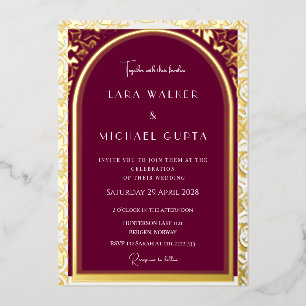 Burgundy + White Wedding (Retro-Dotted) Foil Invitation