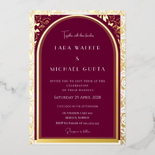 Burgundy + White Wedding (Retro-Dotted) Foil Invitation (Front)