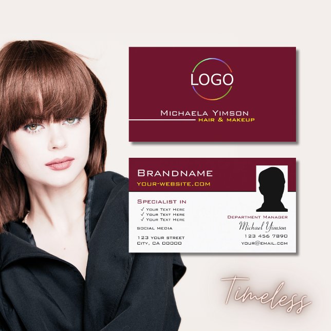 Burgundy White with Logo and Photo Professional Business Card (Creator Uploaded)