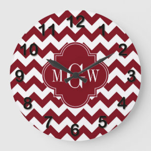 Burgundy Wht Chevron Burgundy 3 Initial Monogram Large Clock
