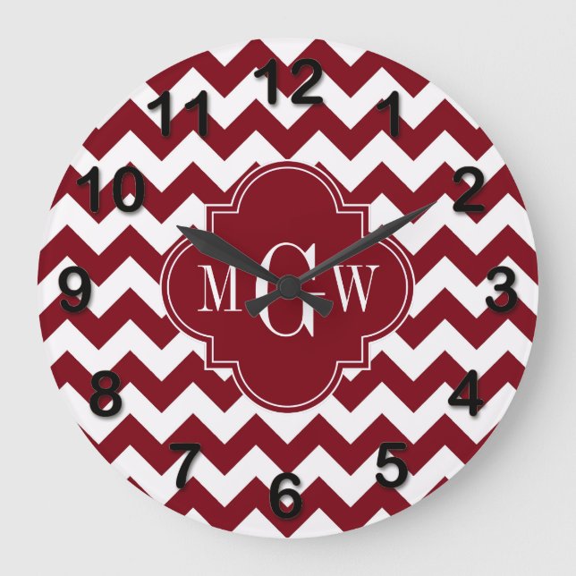 Burgundy Wht Chevron Burgundy 3 Initial Monogram Large Clock (Front)