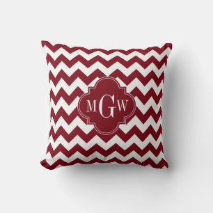 Burgundy Wht Chevron Burgundy 3 Initial Monogram Throw Pillow