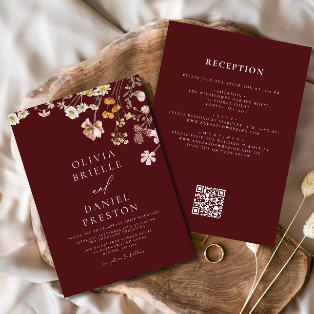 Burgundy Wildflower All in One QR Code Wedding Invitation (Creator Uploaded)
