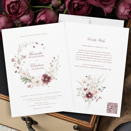 Burgundy Wildflower All-in-One Wedding Invite