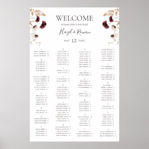 Burgundy Wildflower  Alphabetical Seating Chart