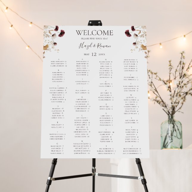 Burgundy Wildflower | Alphabetical Seating Chart Foam Board (In Situ (Stand))