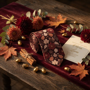 Burgundy Wildflower & Autumn Leaves Rich Copper Neck Tie