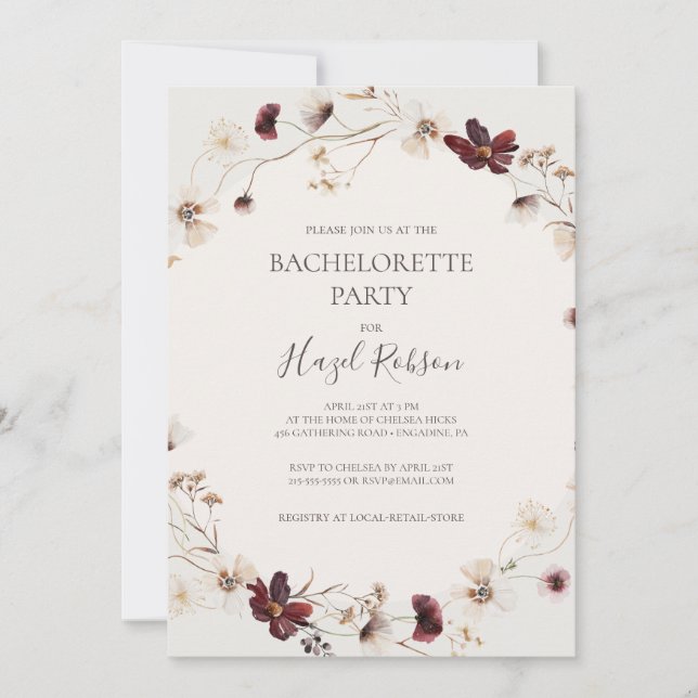 Burgundy Wildflower | Beige Bachelorette Party Invitation (Front)