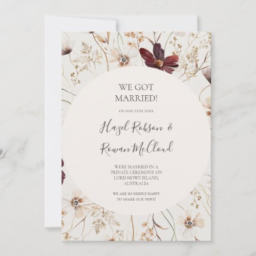 Burgundy Wildflower  Beige Elopement Announcement