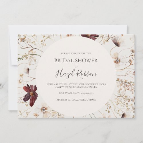 Burgundy Wildflower Beige Horizontal Bridal Shower Invitation