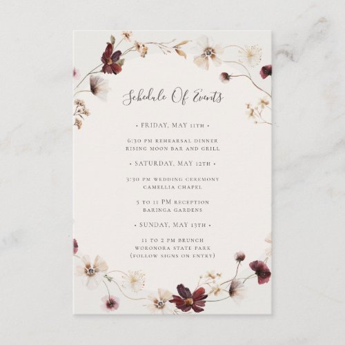 Burgundy Wildflower  Beige Schedule Of Events Enclosure Card