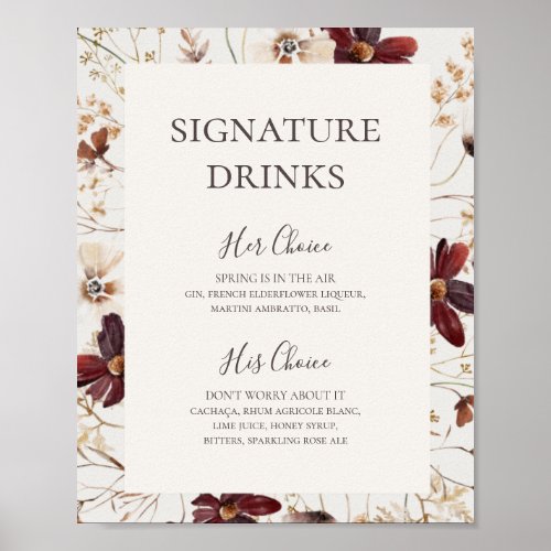 Burgundy Wildflower  Beige Signature Drinks Sign