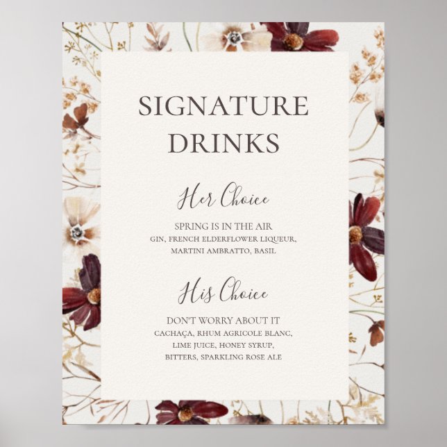 Burgundy Wildflower | Beige Signature Drinks Sign (Front)