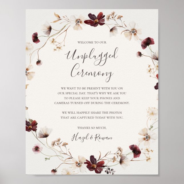 Burgundy Wildflower Beige Unplugged Ceremony Sign (Front)