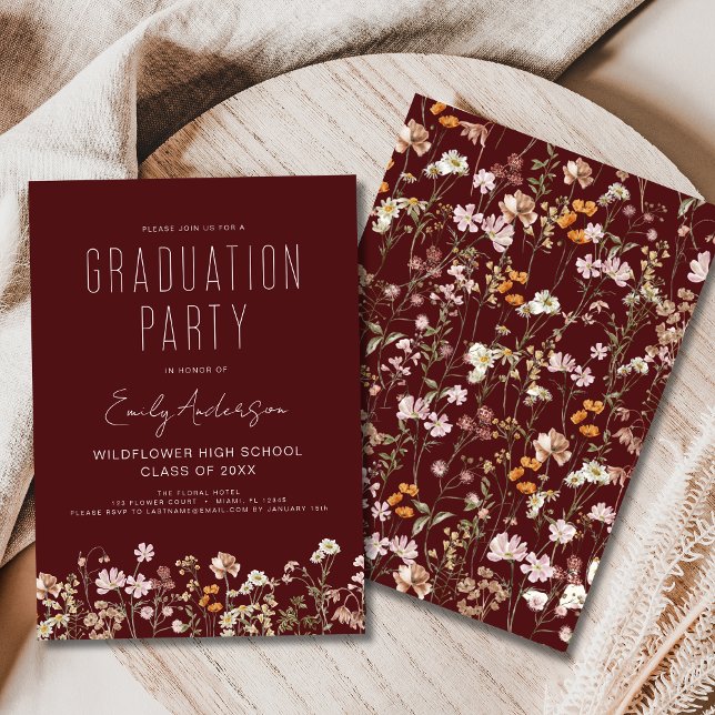 Burgundy Wildflower Bloom Graduation Party Boho Invitation (Creator Uploaded)