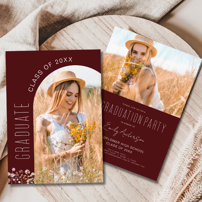 Burgundy Wildflower Bloom Graduation Party Photo Invitation (Creator Uploaded)