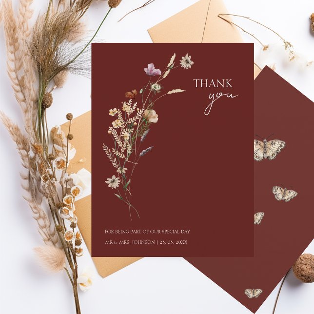 Burgundy Wildflower Fall Wedding Thank You Card (Creator Uploaded)