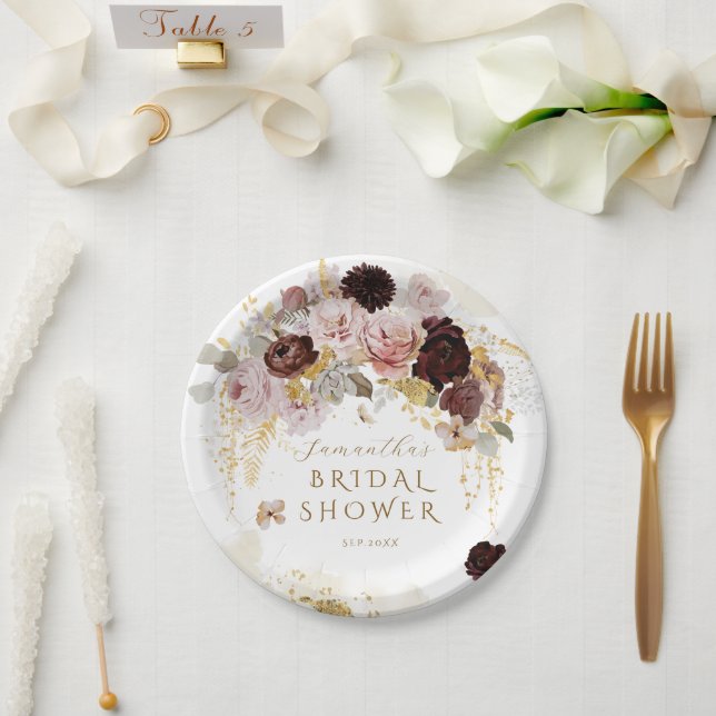 Burgundy Wildflower Garden Floral Bridal Shower Paper Plates (Wedding)