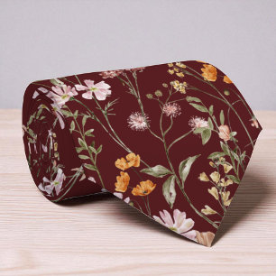 Burgundy Wildflower Garden Flowers Spring Meadow Neck Tie