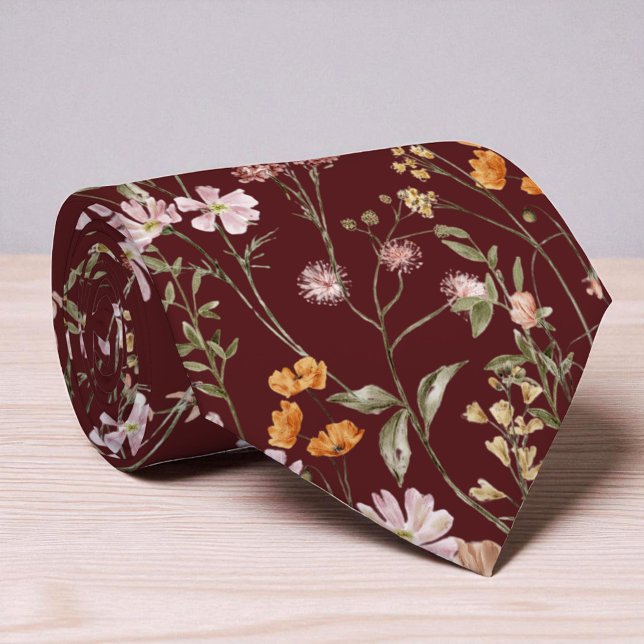 Burgundy Wildflower Garden Flowers Spring Meadow Neck Tie (Creator Uploaded)