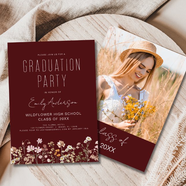 Burgundy Wildflower Graduation Party Boho Bloom Invitation (Creator Uploaded)