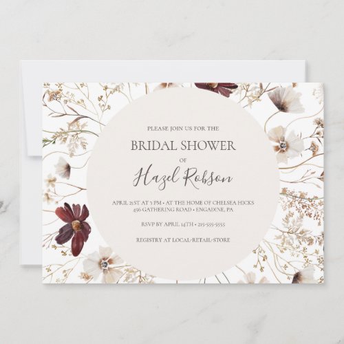 Burgundy Wildflower  Horizontal Bridal Shower Invitation