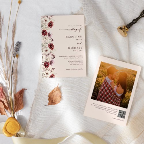 Burgundy Wildflower Photo QR Code Wedding  Invitation