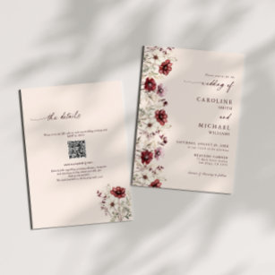 Burgundy Wildflower QR Code Wedding  Invitation
