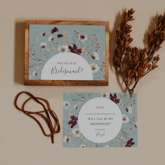 Burgundy Wildflower Teal Bridesmaid Proposal Card (Creator Uploaded)