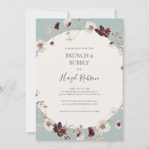 Burgundy Wildflower  Teal Brunch  Bubbly Shower Invitation