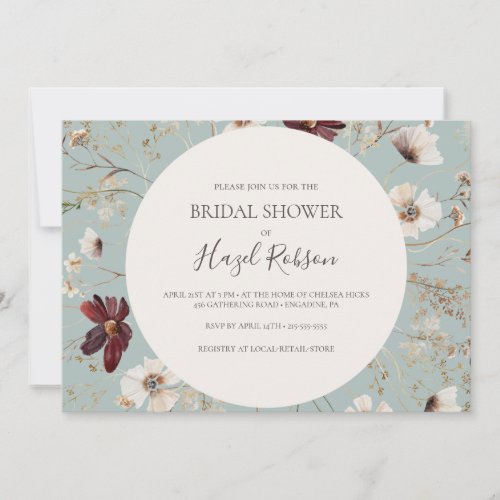 Burgundy Wildflower Teal Horizontal Bridal Shower Invitation