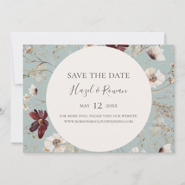 Burgundy Wildflower Teal Horizontal Save the Date (Front)