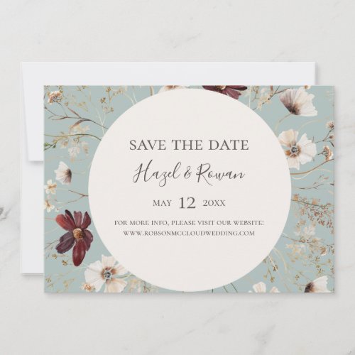 Burgundy Wildflower Teal Horizontal Save the Date