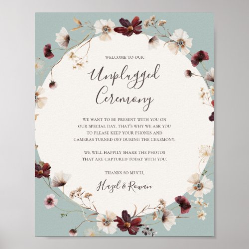 Burgundy Wildflower  Teal Unplugged Ceremony Sign