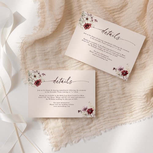Burgundy Wildflower Wedding Details Enclosure Card